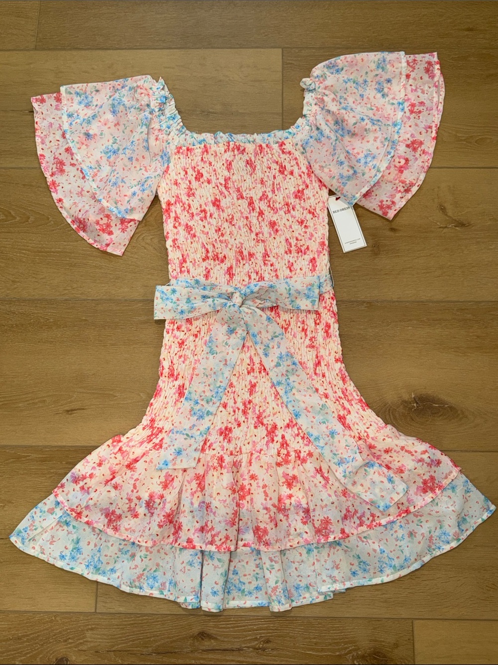 Red Dress Boutique/ Aura Pink & Blue Floral Smocked Cottagecore Mini Dress
